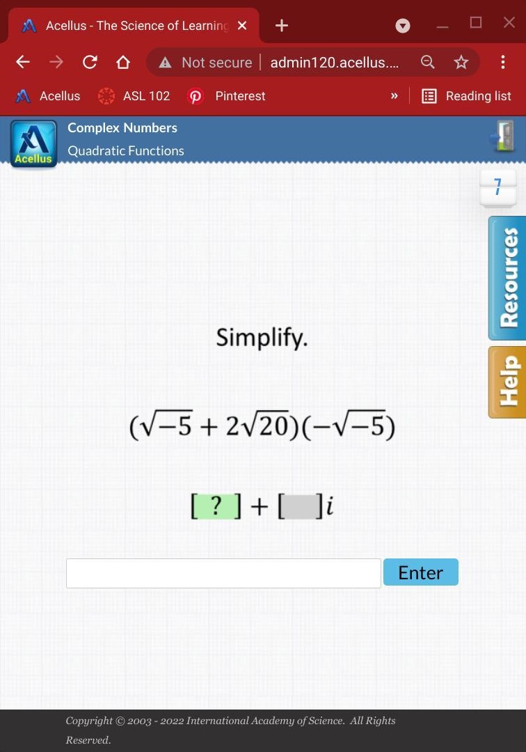 Complex numbers simplify. \left(\sqrt{-5}+2\sqrt{20}\right)\left(-\sqrt{-5}\right-example-1