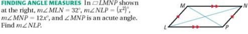 In parallelogram LMNP is shown at the right, m angle MLN=32 degrees, m angle NLP=x-example-1