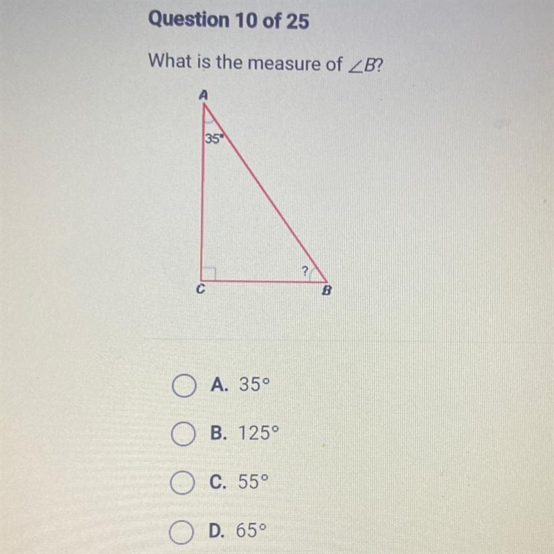 What is the measure of ∠ B? А. 35° В. 125° С. 55° D. 65°-example-1