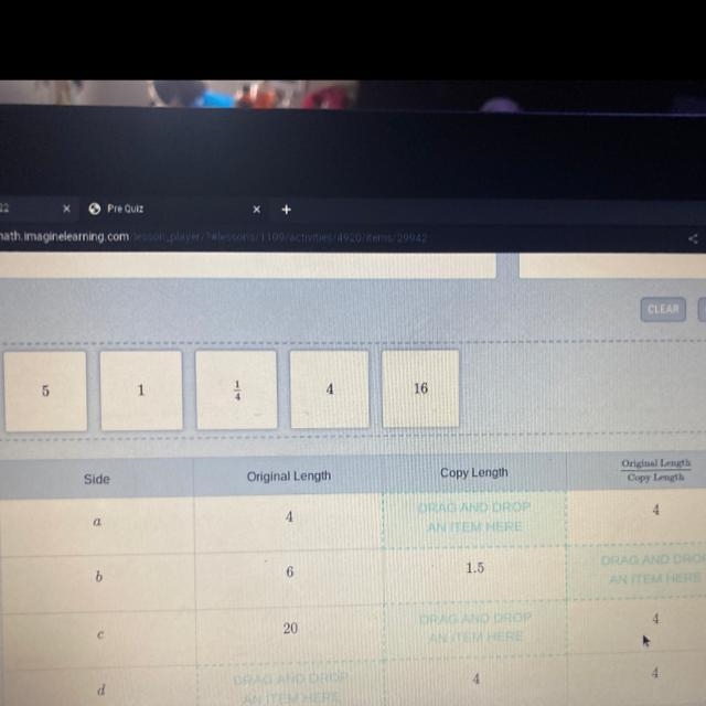 Britney made a proportional copy of a figure by multiplying each side length by 1/4. drag-example-1