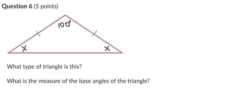 What type of triangle is this? What is the measure of the base angles of the triangle-example-1