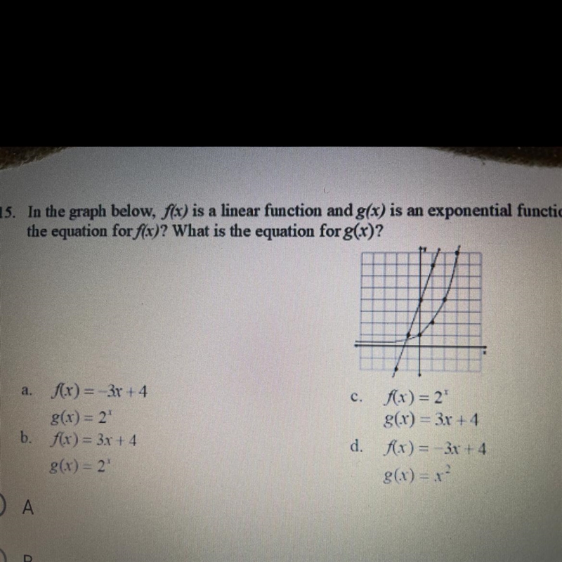 15. In the graph below, f(x) is a linear function and g(x) is an exponential function-example-1