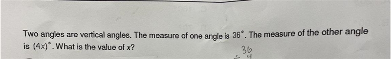 Two angles are vertical angles. The measure of one angle is 36º. The measure of the-example-1