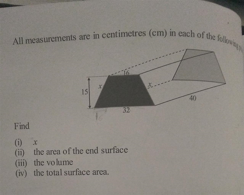 Find x the area of the end surface the volume the total surface-example-1