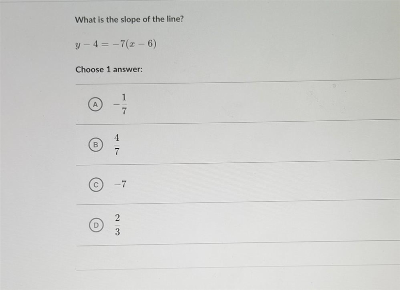 X Unit test What is the slope of the line? y - 4= -7(x – 6) Choose 1 answer: 1 A 7 4 B-example-1