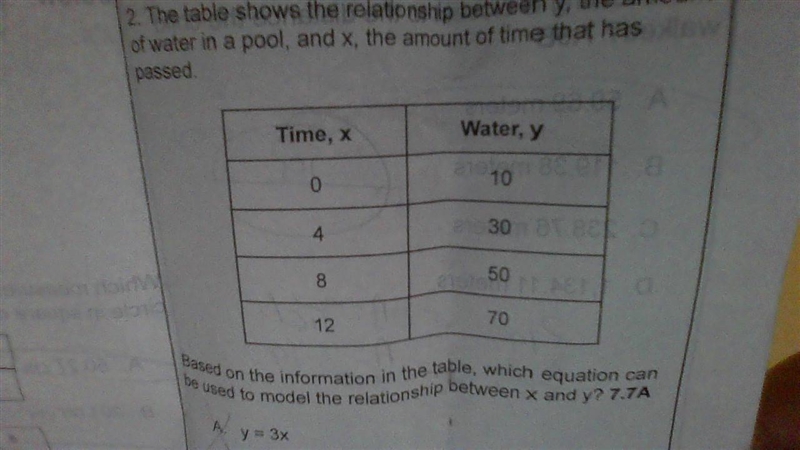 The table shows the relationship between y, the amount of water in a pool, and x, the-example-1