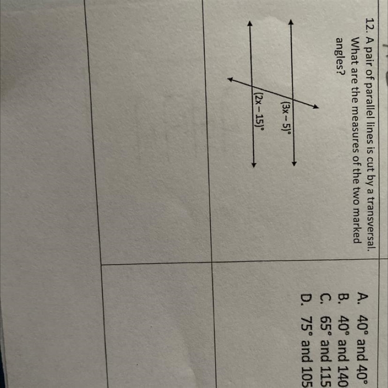 A pair of parallel lines is cut by a transversal What are the measures of the two-example-1