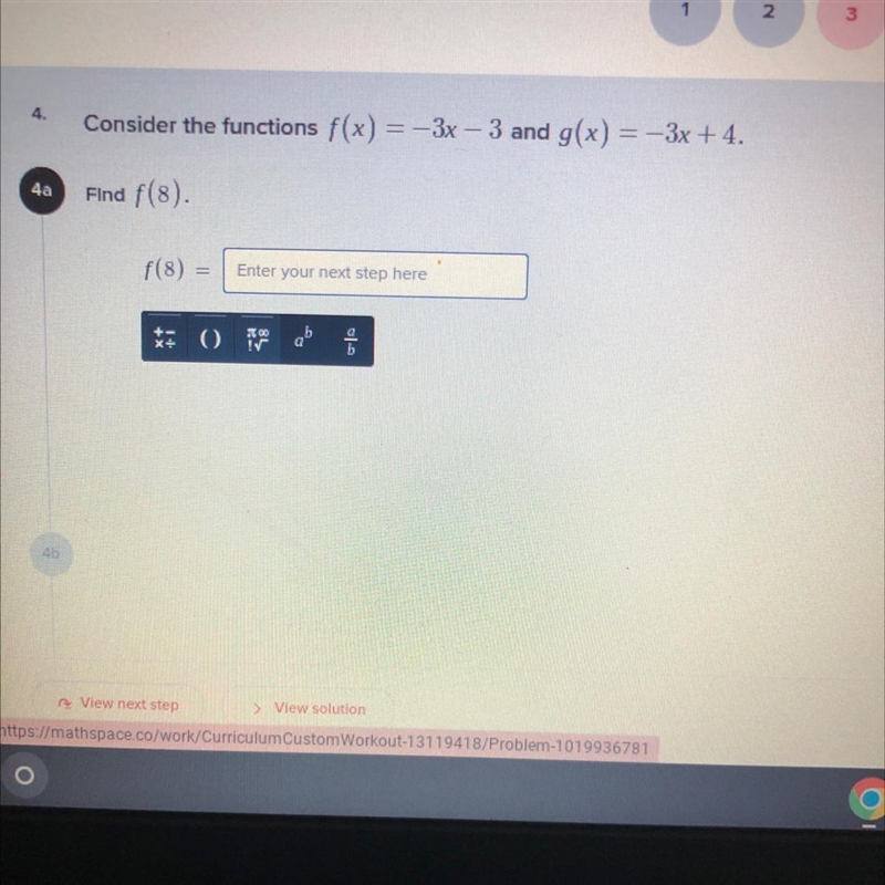 Consider the functions f(x)=-3x=3 and g(x)=-3x+4 find f(8)-example-1