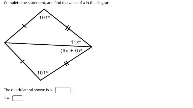 What is the values of x and what is the quadrilateral shown?-example-1