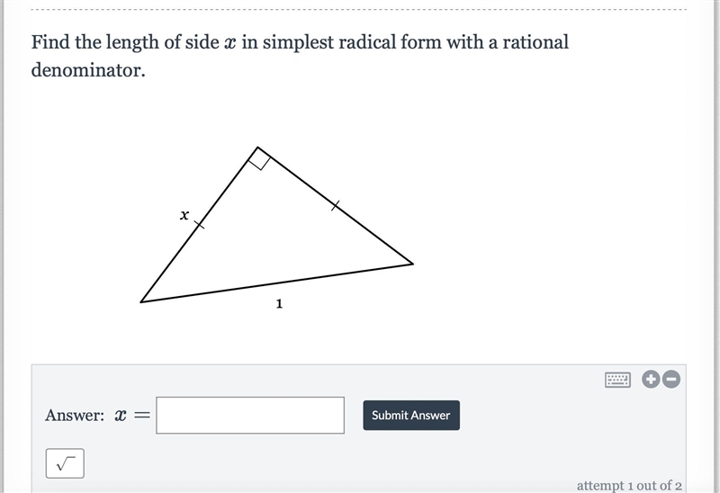 Find the length of side X in simplest radical form with a rational denominator-example-1