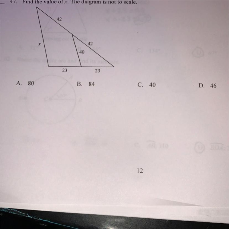 QUICK ANSWERS ONLY! 47. Find the value of x. The diagram is not to scale.4242402323A-example-1