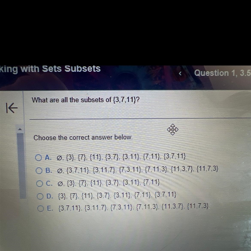 What are all the subsets of {3,7,11}-example-1