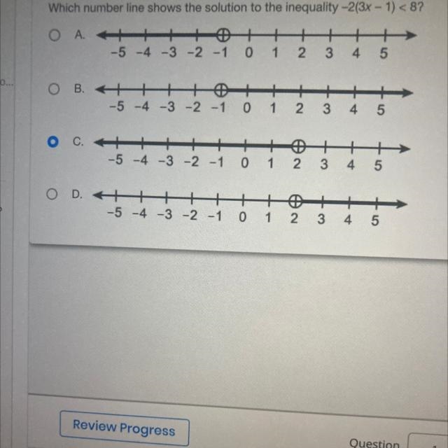 Which number line shows the solution to the inequality -2(3x - 1) < 8?-example-1