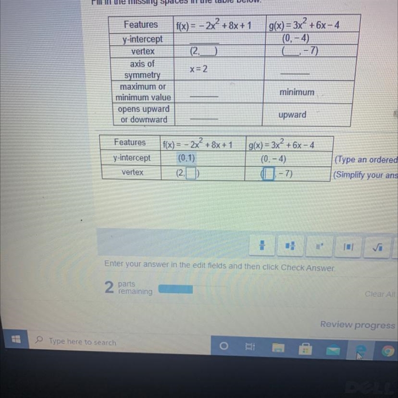 Fill in the missing spaces in the table below.g(x)= 3x² +6x-4(0, -4)--7)Featuresf-example-1