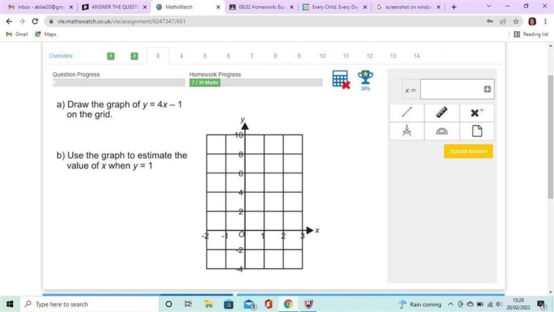 1) Draw the graph of y=4x-1 2) Use the graph to estimate the value of x when y=1 The-example-1