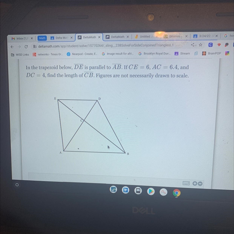 In the trapezoid below, DE is parallel to AB. If CE = 6, AC = 6.4, and DC = 4, find-example-1