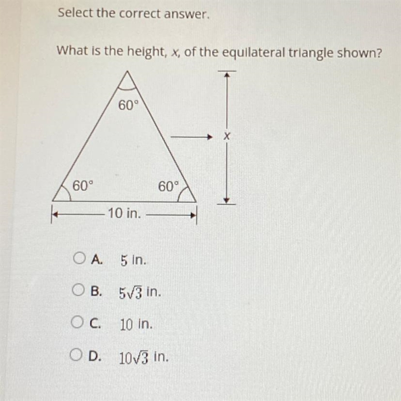 What is the height, x, of the equilateral triangle shown?-example-1