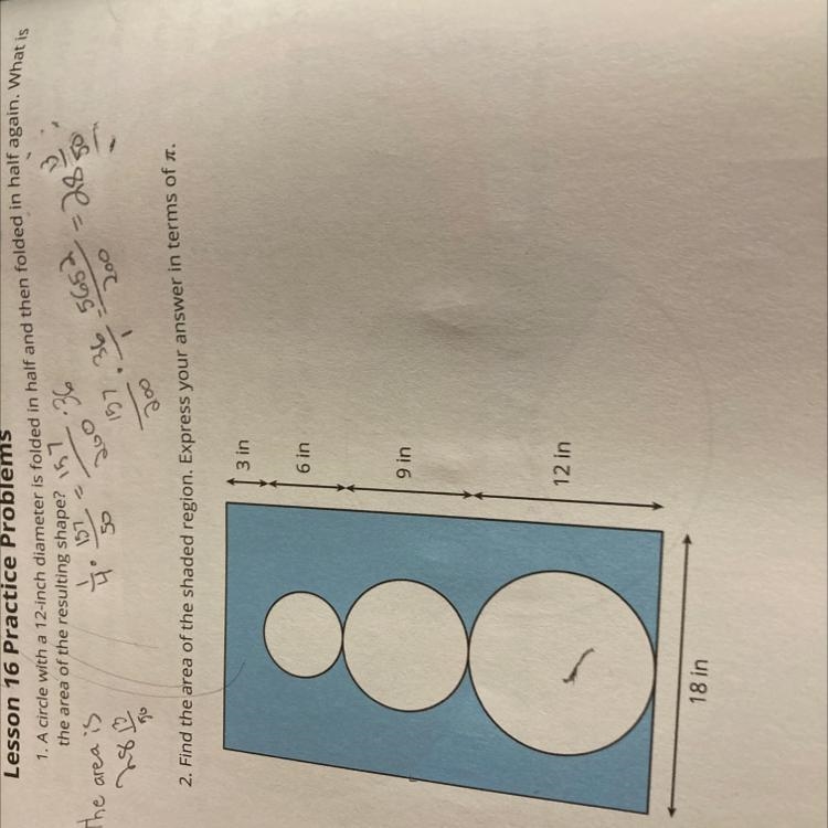 2. Find the area of the shaded region. Express your answer in terms of 3 in 6 in 9 in-example-1