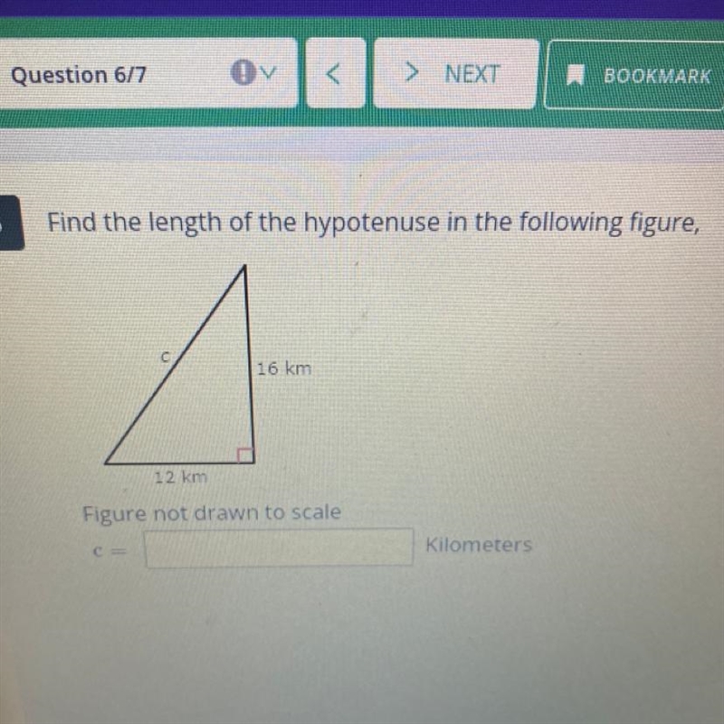 6 Find the length of the hypotenuse in the following figure, 16 km 12 km Figure not-example-1