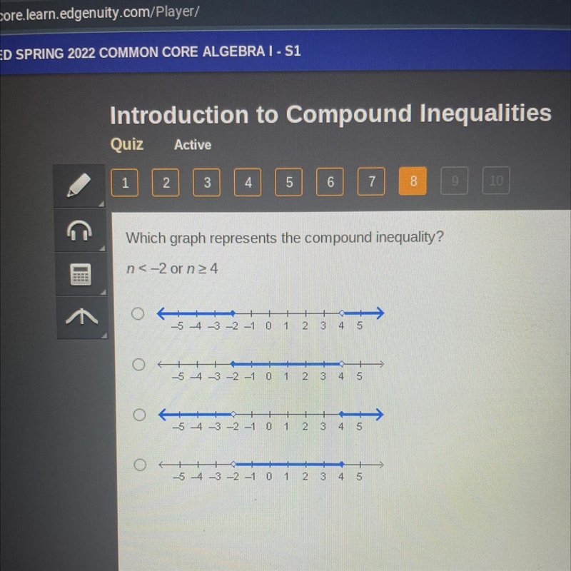 Which graph represents the compound inequality? n<-2 or n24-example-1