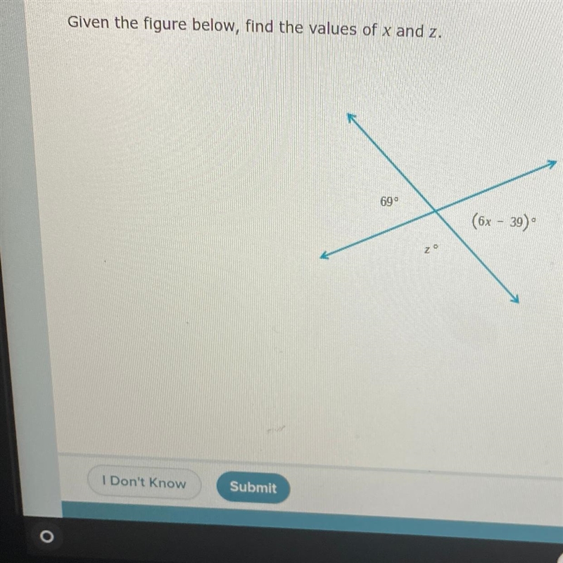 Please help Given the figure below, find the values of x and z.-example-1