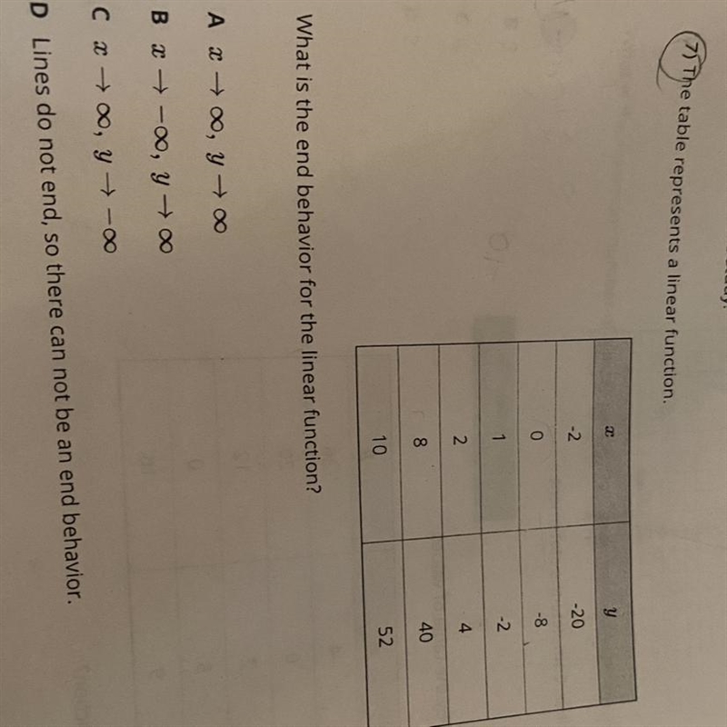 The table represents a linear function. What is the end behavior of the linear function-example-1