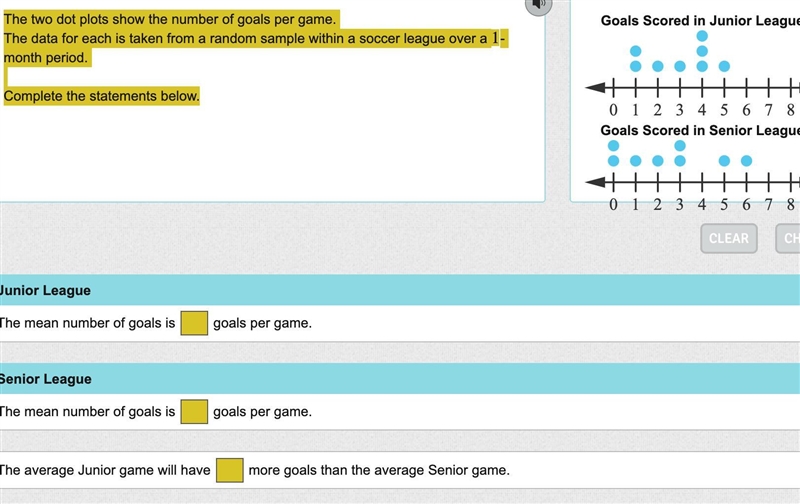 The two dot plots show the number of goals per game. The data for each is taken from-example-1