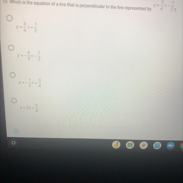 10. Which is the equation of a line that is perpendicular to the line represented-example-1