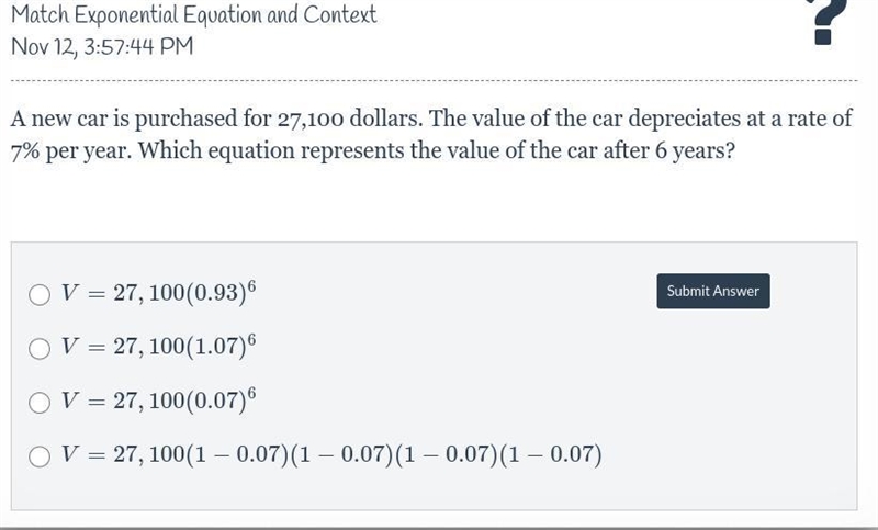 A new car is purchased for 27,100 dollars. The value of the car depreciates at a rate-example-1