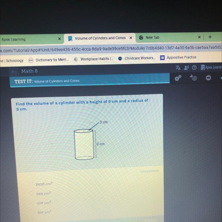 Find the volume of a cylinder with a height of 9 cm and a radius of 3 cm.-example-1