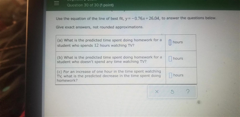 The scatter plot shows the time spent watching TV, x, and the time spent doing homework-example-2