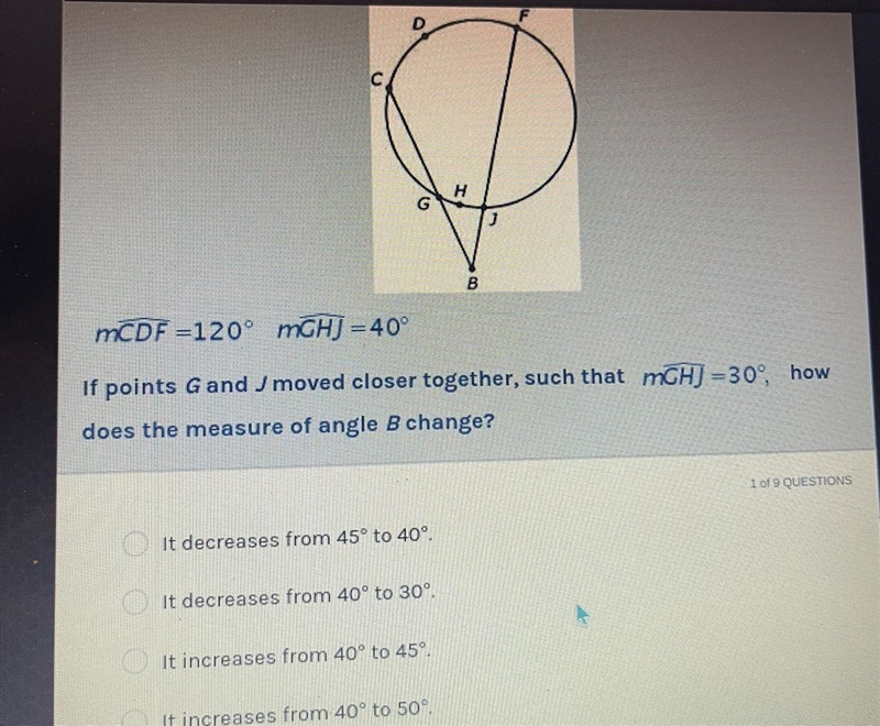 Consider the circle shown below. mCDF =120° mCHJ =40° If points G and J moved closer-example-1