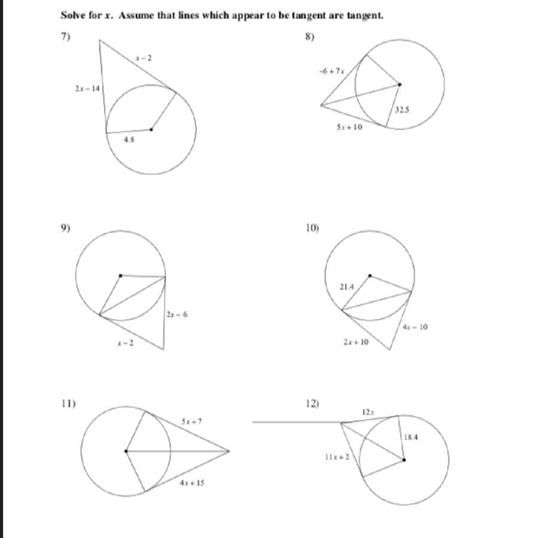 Solve for x. Assume that lines which appear to be tangent are tangent.-example-1