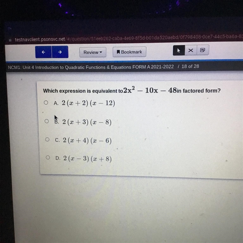 Which expression is equivalent to 2x^2-10x-48in factored form?-example-1