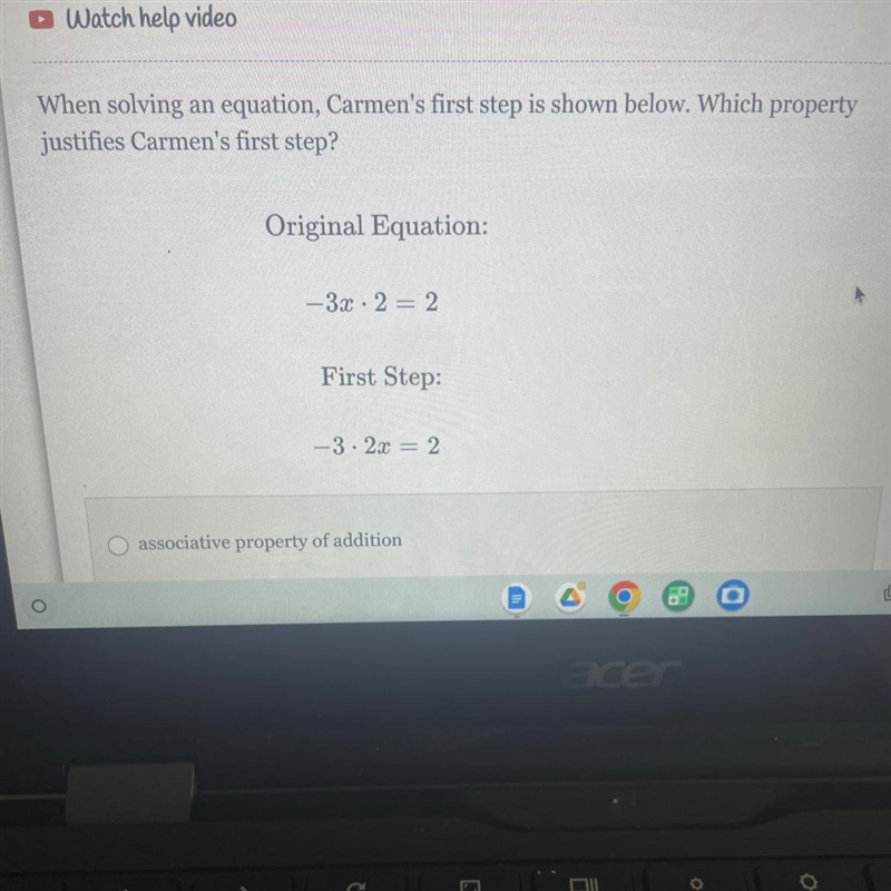 Please help, I don’t know my properties very well. The choices are associative property-example-1