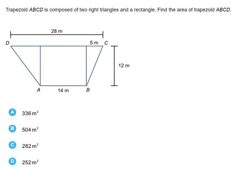 Please help! Trapezoid ABCD is composed of two right triangles and a rectangle. Find-example-1