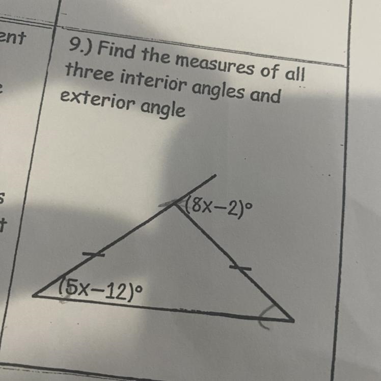 Find the measure of all three interior angles and exterior angles-example-1