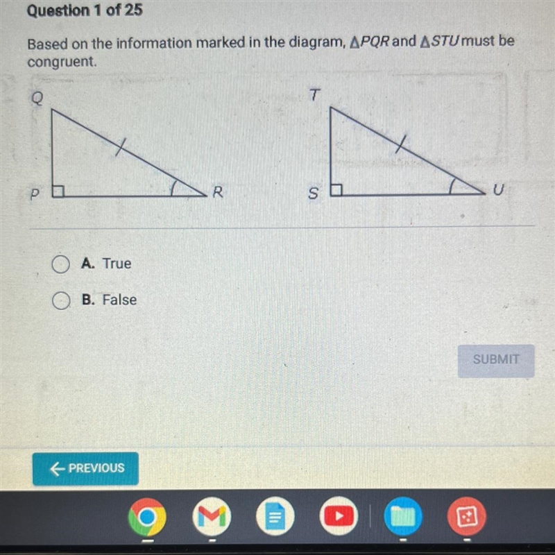 Based on the information marked in the diagram, triangle PQR and triangle STU must-example-1