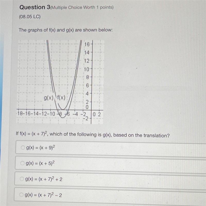 Question 3(Multiple Choice Worth 1 points) (08.05 LC) The graphs of f(x) and g(x) are-example-1