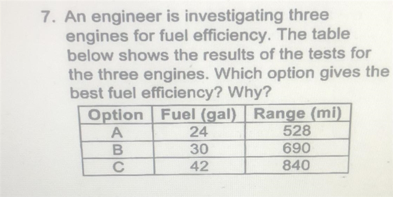 7. An engineer is investigating three engines for fuel efficiency. The table below-example-1