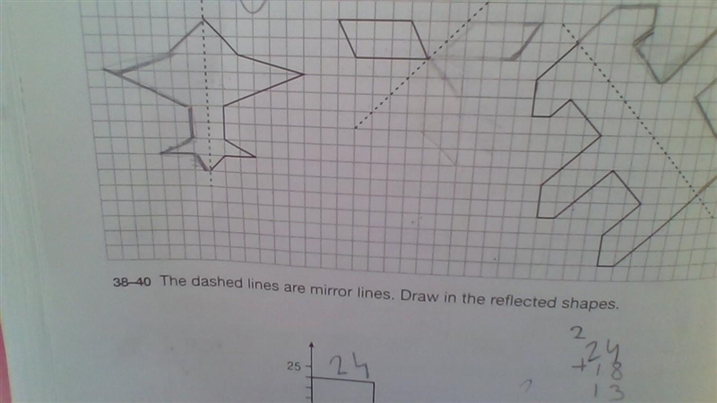 Can anyone pls draw the reflected shape for the middle one the lines are mirror lines-example-1