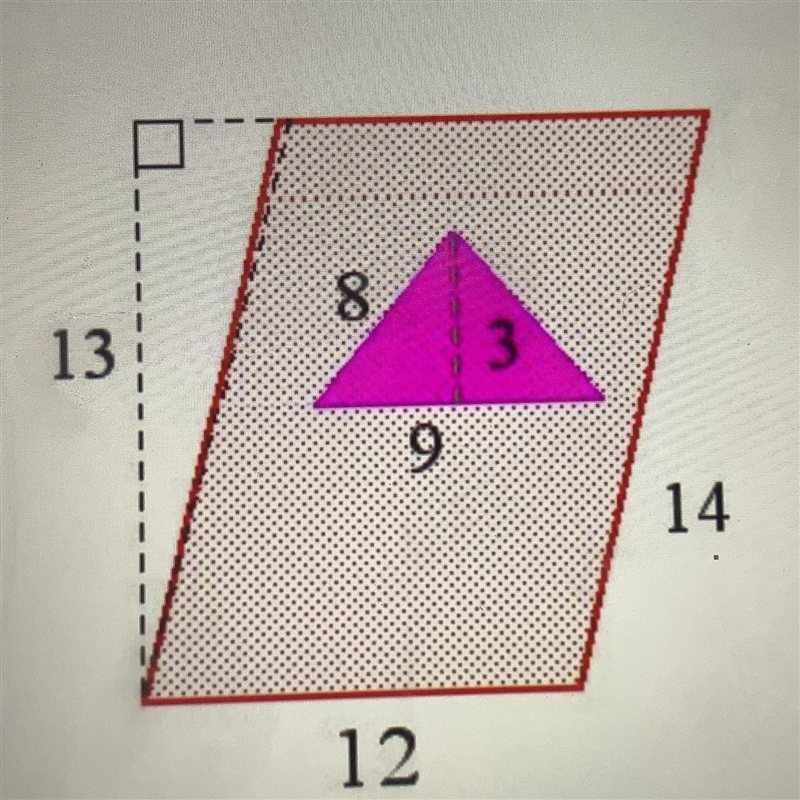 Find the area of the parallelogram below, after the purple triangle-sized hole was-example-1