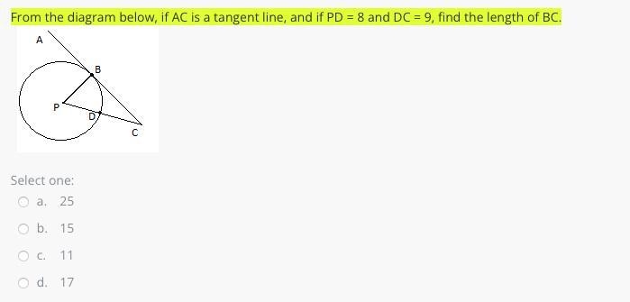 From the diagram below, if AC is a tangent line, and if PD = 8 and DC = 9, find the-example-1