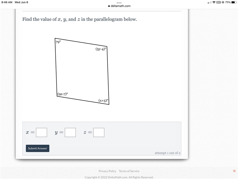 Find the value of x y, and z in the parallelogram below.-example-1