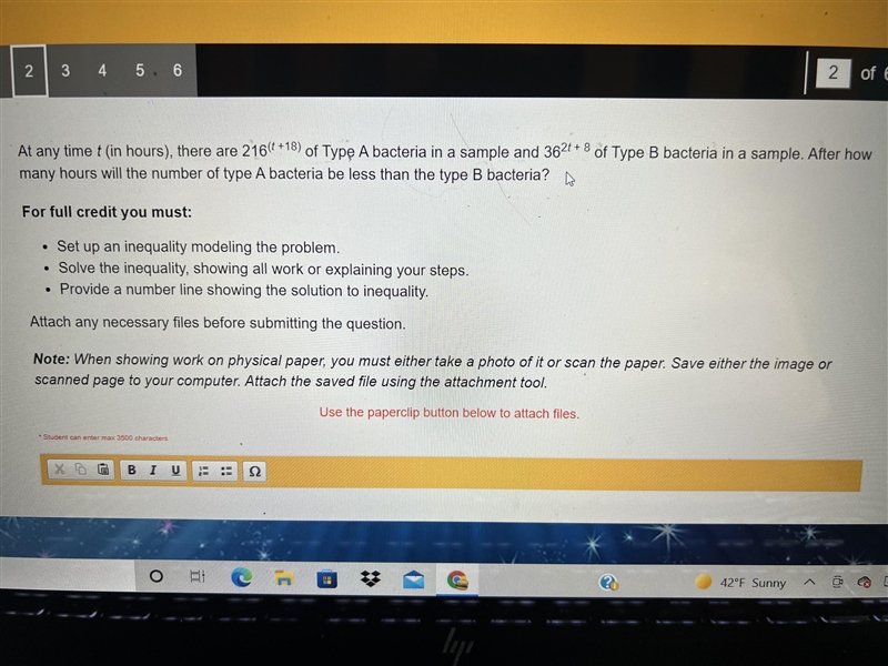 At any time t (in hours), there are 216(t +18) of Type A bacteria in a sample and-example-1