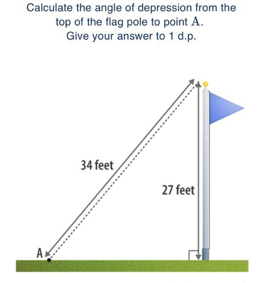 Calculate the angle of depression from the top of the flag pole to point A. Give your-example-1