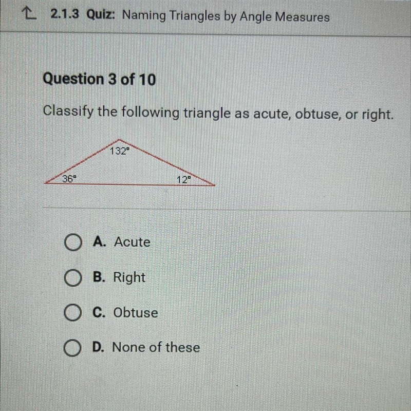 Classify the following triangle as acute, obtuse, or right.-example-1