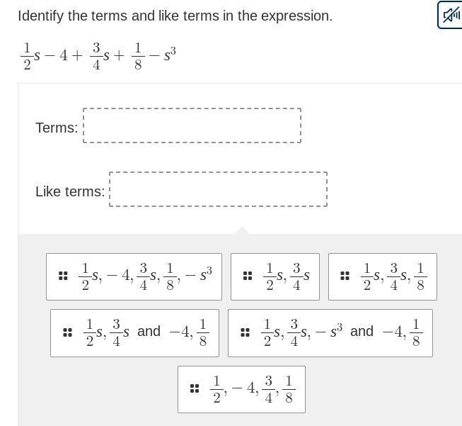 Identify the terms and like terms in the expression.-example-1