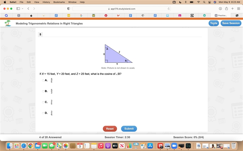 If X = 15 feet, Y = 20 feet, and Z = 25 feet, what is the cosine of B?-example-1