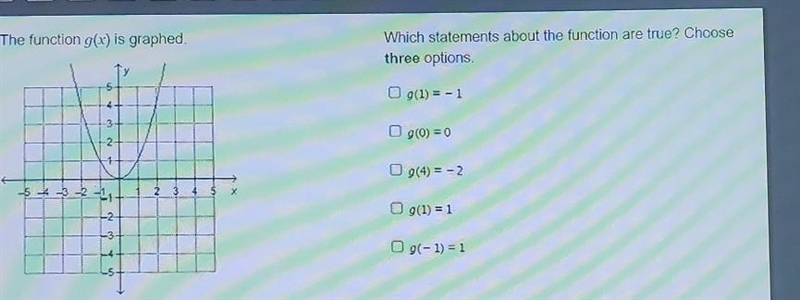 The function g(x) is graphed. Which statements about the function are true? Choose-example-1